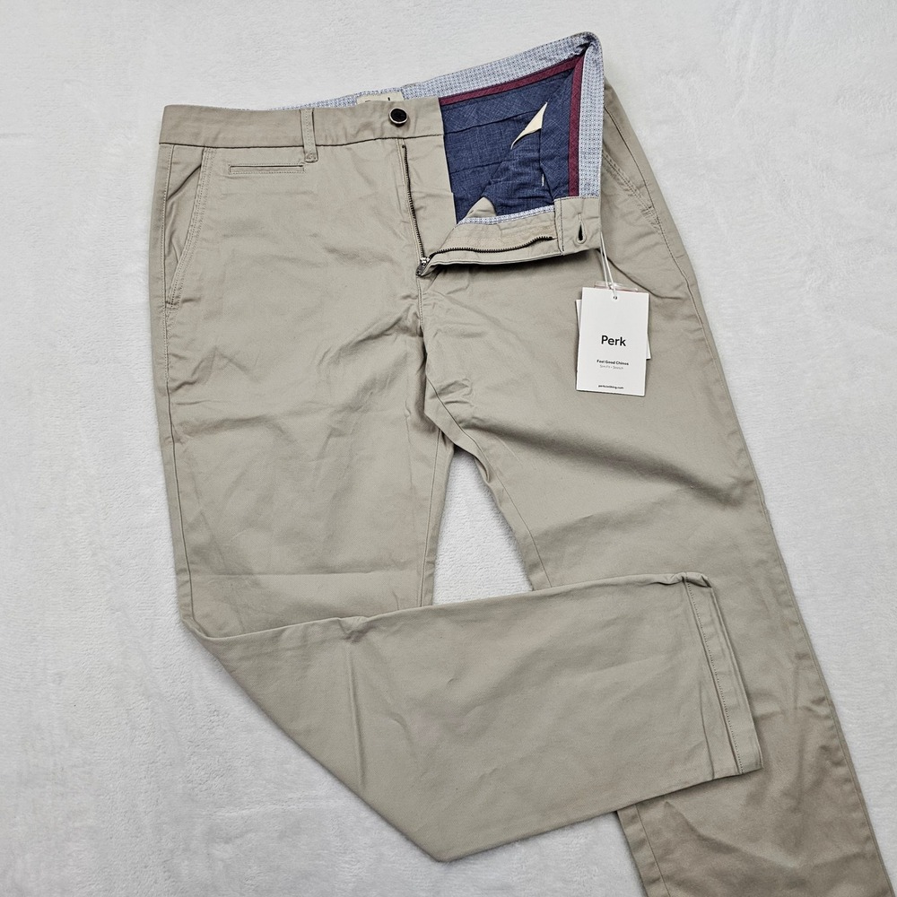 NEW Perk Feel Good Chinos Mens 34x30 Khaki Slim Fit Stretch Cotton Preppy Modern